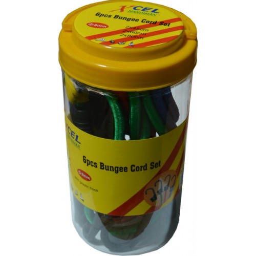 Colorful 6-piece bungee cord set in a plastic jar, includes 45cm, 60cm, and 80cm cords for secure luggage and gear transport.