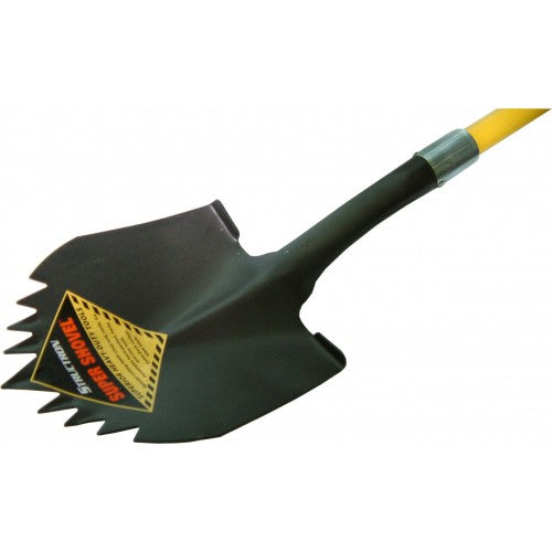 Heavy-duty Super Shovel with sturdy steel head, cutting teeth, PowerCore handle, and non-slip grip for efficient landscaping.