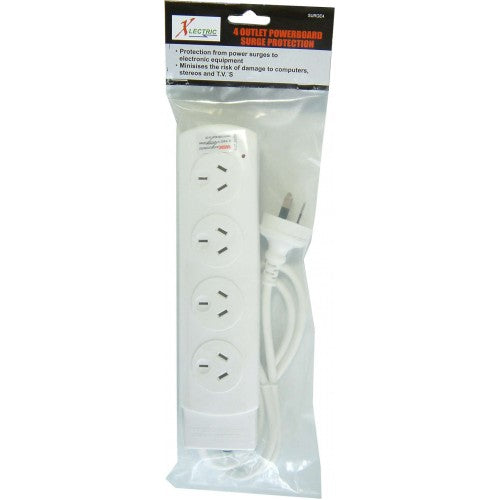 4-outlet power box with surge protection, ideal for electronics; SAA approved, 10 AMP, compact design for organized space.