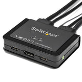 2 Port DisplayPort KVM switch allowing control of 2 computers with 4K 60Hz visuals and audio, featuring remote push-button control.