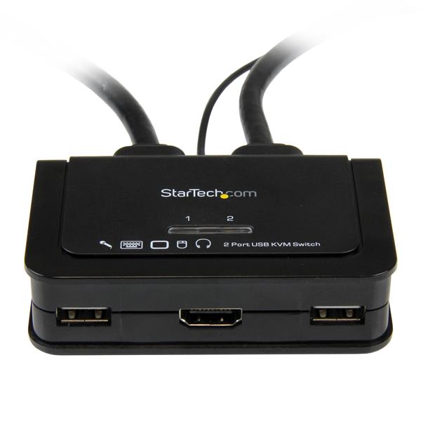 2 Port USB HDMI KVM switch with audio and remote control, enabling seamless management of two PCs with one monitor.