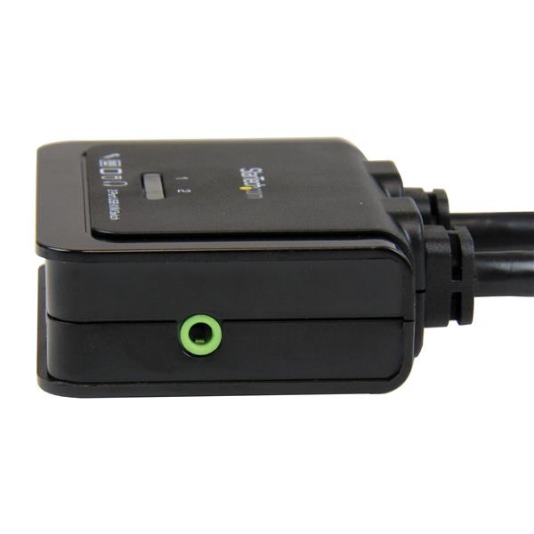 2 Port USB HDMI KVM switch with audio and remote control, supporting 1080p resolution for seamless PC management.