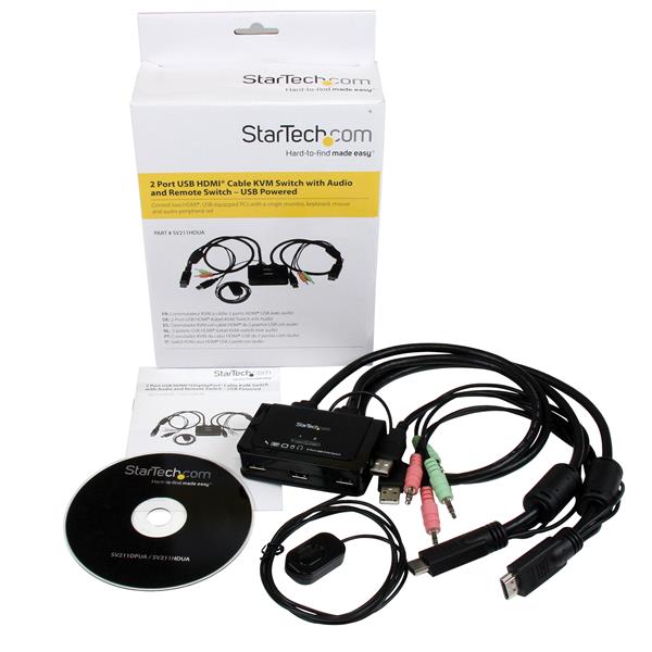 2 Port USB HDMI KVM switch with audio and remote control for seamless PC management and 1080p HD resolution.