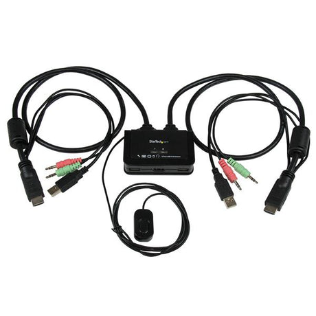 2 Port USB HDMI KVM switch with audio, remote control, and integrated cables for easy PC management and tidy setups.