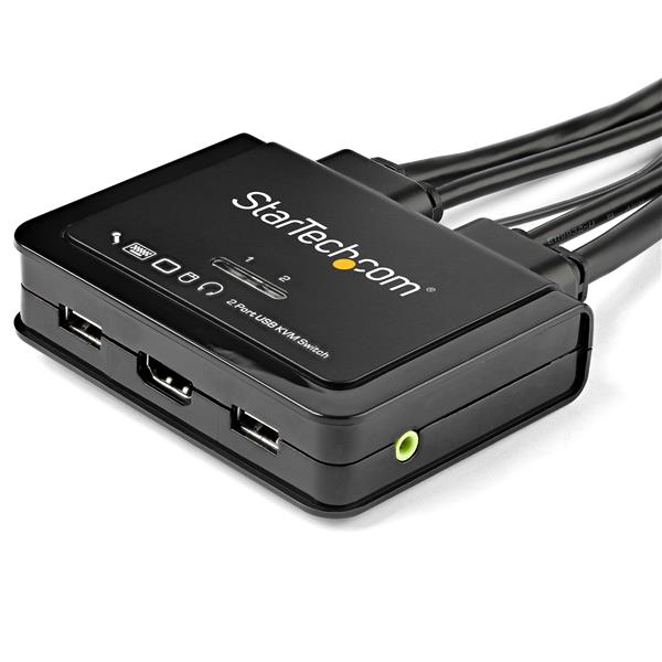 2-Port HDMI KVM switch with built-in cables for 4K 60Hz video, controls two computers with one set of peripherals.