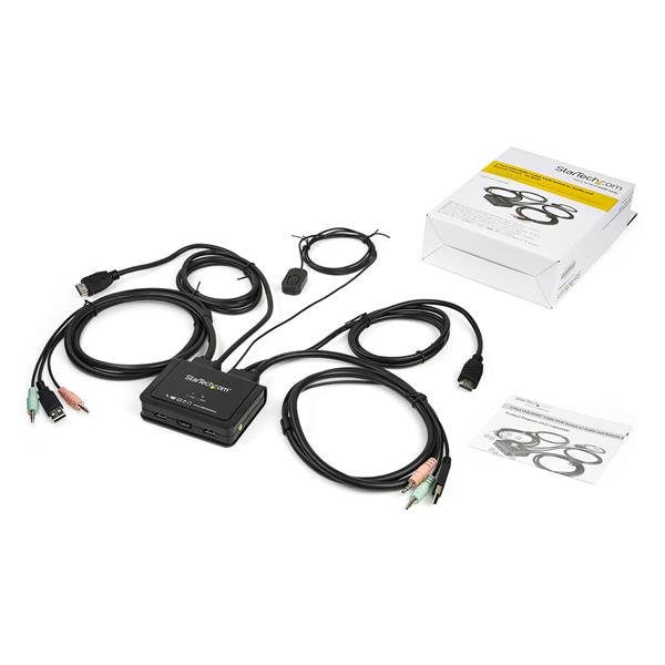 2-Port HDMI KVM switch with built-in cables for seamless control of two computers, supporting 4K at 60Hz with audio output.