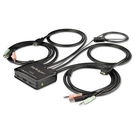 2-Port HDMI KVM switch with built-in cables, 4K 60Hz support, remote control, and audio output for dual computer setup.