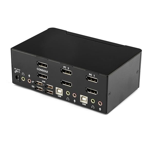 2-Port DisplayPort KVM switch allowing seamless dual-monitor control, 4K 60Hz resolution, USB hub, and audio sharing for productivity.