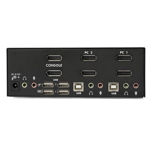 2-Port DisplayPort KVM switch for dual 4K monitors, USB hub, and audio sharing, ideal for enhancing multimedia workstations.