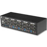 TAA-compliant 4-Port Dual-Monitor DVI USB KVM switch managing four PCs with dual-link video, USB hub, and multimedia support.