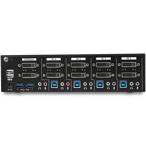 4-Port Dual-Monitor DVI KVM switch allowing seamless control of four PCs with USB hub and multimedia support for efficient workspace management.