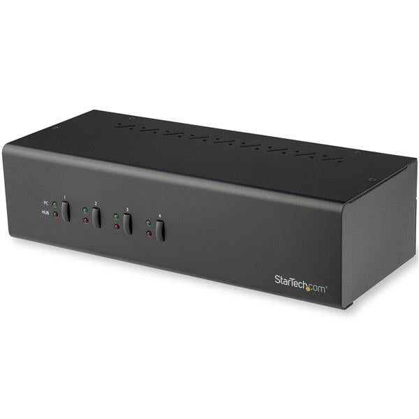 4-Port Dual-Monitor DVI USB KVM switch allowing seamless control of up to four PCs with integrated USB hub and audio connections.