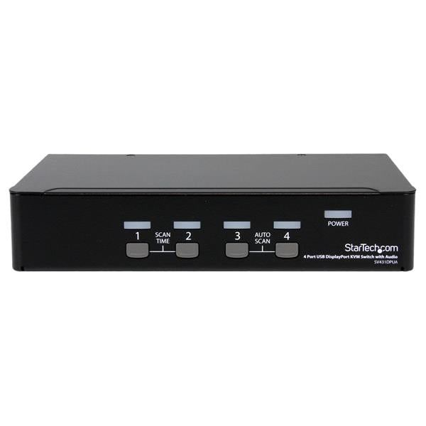 4 Port USB DisplayPort KVM switch enabling seamless control of 4 computers with stunning 2560x1600 resolution and 7.1 HD audio.