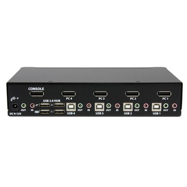 4 Port USB DisplayPort KVM Switch with audio control, designed for seamless multi-computer operation and high-resolution output.