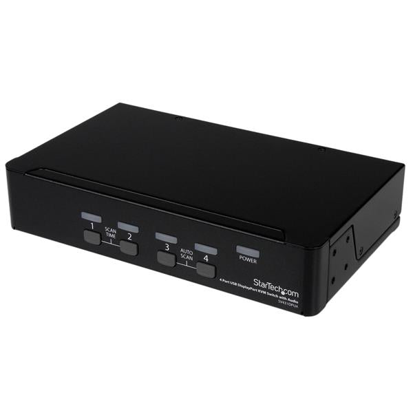 4 Port USB DisplayPort KVM switch enabling seamless control of 4 computers with audio support, ideal for multimedia professionals.