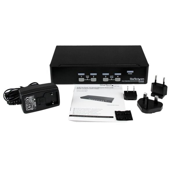 4 Port 1U Rackmount USB KVM Switch with OSD for controlling multiple USB computers, featuring push-button and hotkey controls.