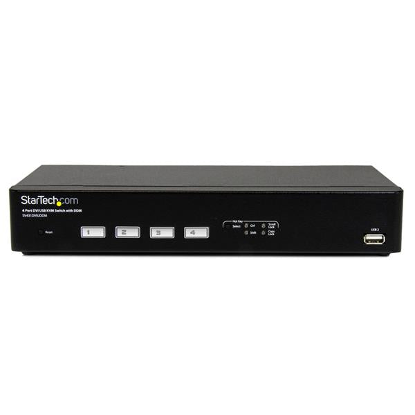 4-Port USB DVI KVM switch featuring fast switching technology, enabling seamless control of multiple computers with high-definition display.