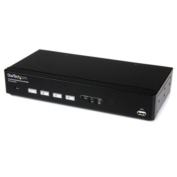 4-Port USB DVI KVM Switch with fast switching, managing 4 PCs at 1920x1200 resolution using a single set of peripherals.