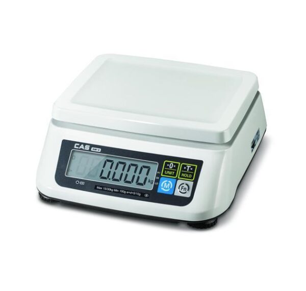 Digital weighing scale CAS SW-II 30kg, featuring a large LCD, stainless steel tray, and advanced weighing functions.