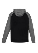 Kids Hype Two Tone Hoodie in Black and Grey Marle, featuring raglan sleeves and a kangaroo pocket for active kids aged 10.