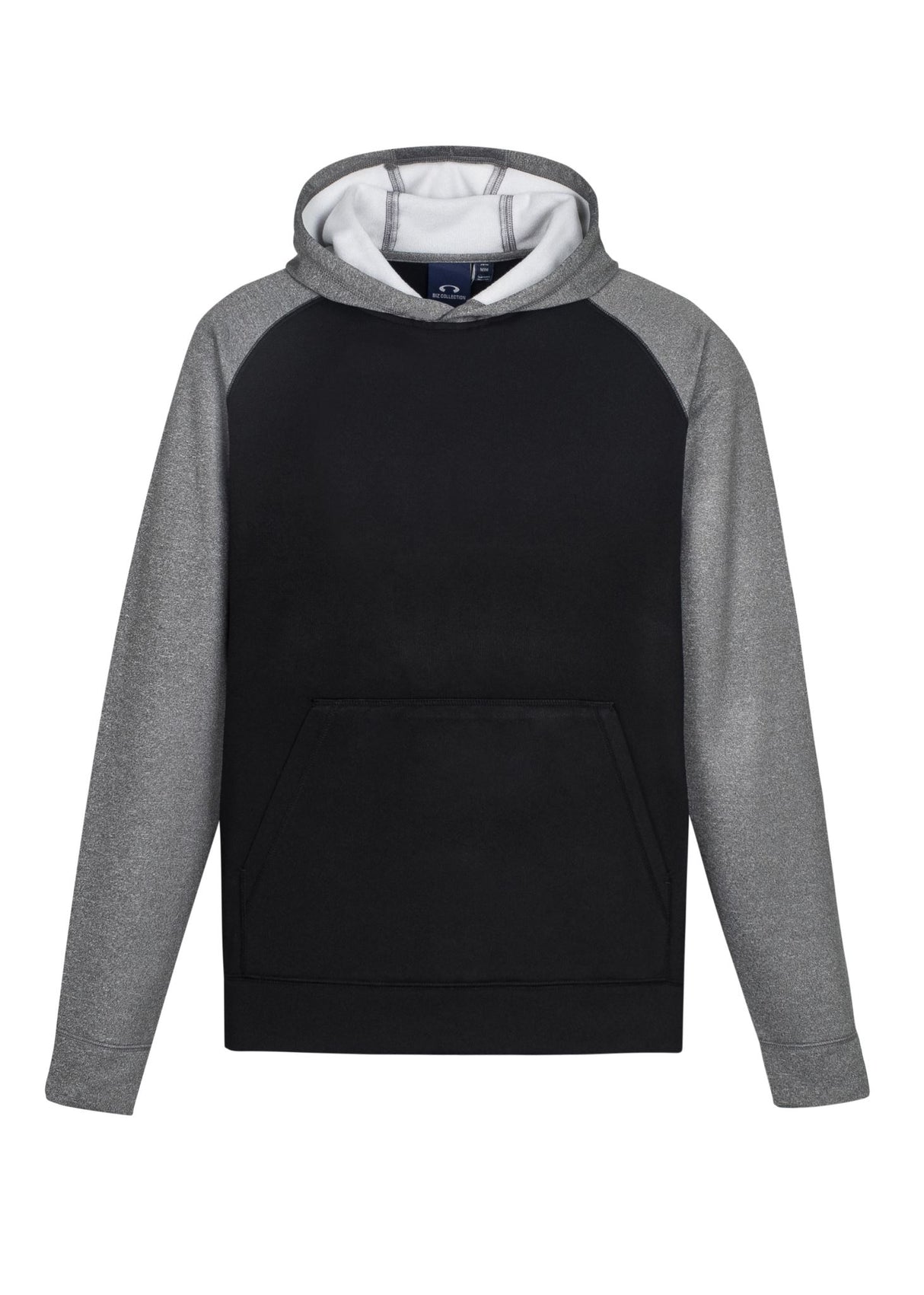 Kids Hype Two Tone Hoodie in Black/Grey Marle, featuring a cozy kangaroo pocket and stylish raglan sleeves for active kids aged 8.