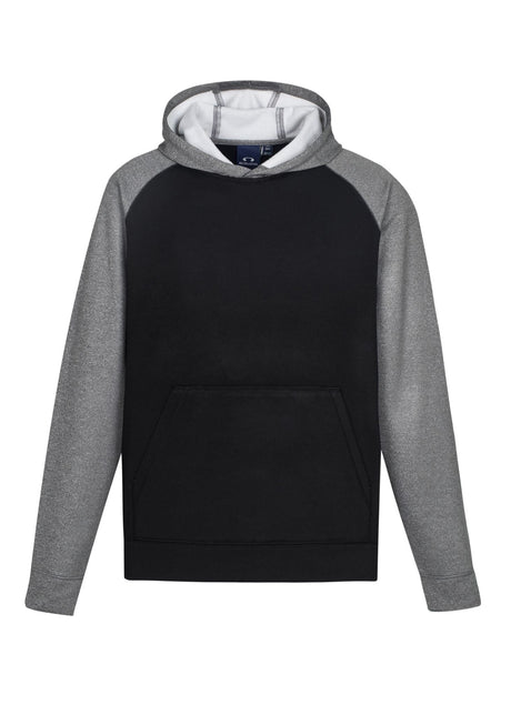 Kids Hype Two Tone Hoodie in Black/Grey Marle, featuring a cozy kangaroo pocket and stylish raglan sleeves for active kids aged 8.