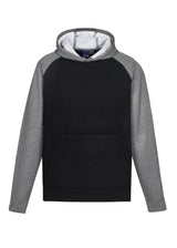 Kids Hype Two Tone Hoodie in Black/Grey Marle, featuring raglan sleeves and kangaroo pocket, perfect for active kids.