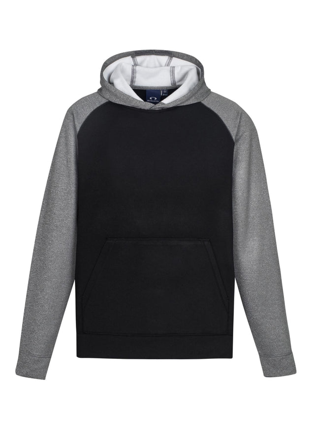 Kids Hype Two Tone Hoodie in black and grey marle, featuring a stylish design, kangaroo pocket, and raglan sleeves for active wear.