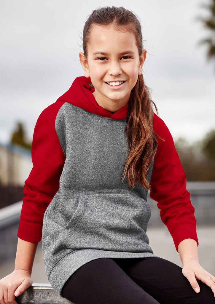 Kids Hype Two Tone Hoodie in Grey Marle/Royal, featuring durable fleece, raglan sleeves, and a kangaroo pocket for active wear.