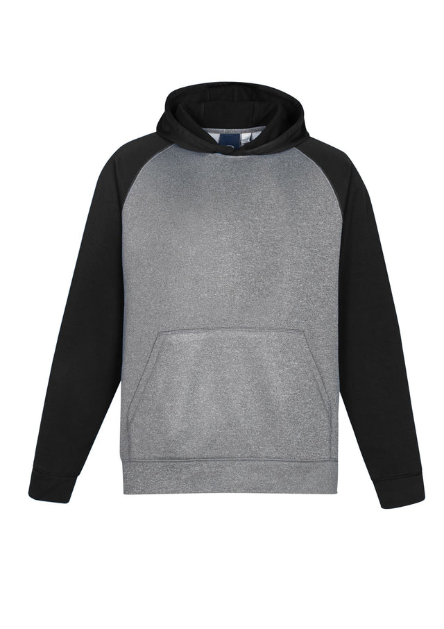 Two-tone kids' hoodie in grey marle and black, featuring a kangaroo pocket and sporty flat drawstring, ideal for active wear.