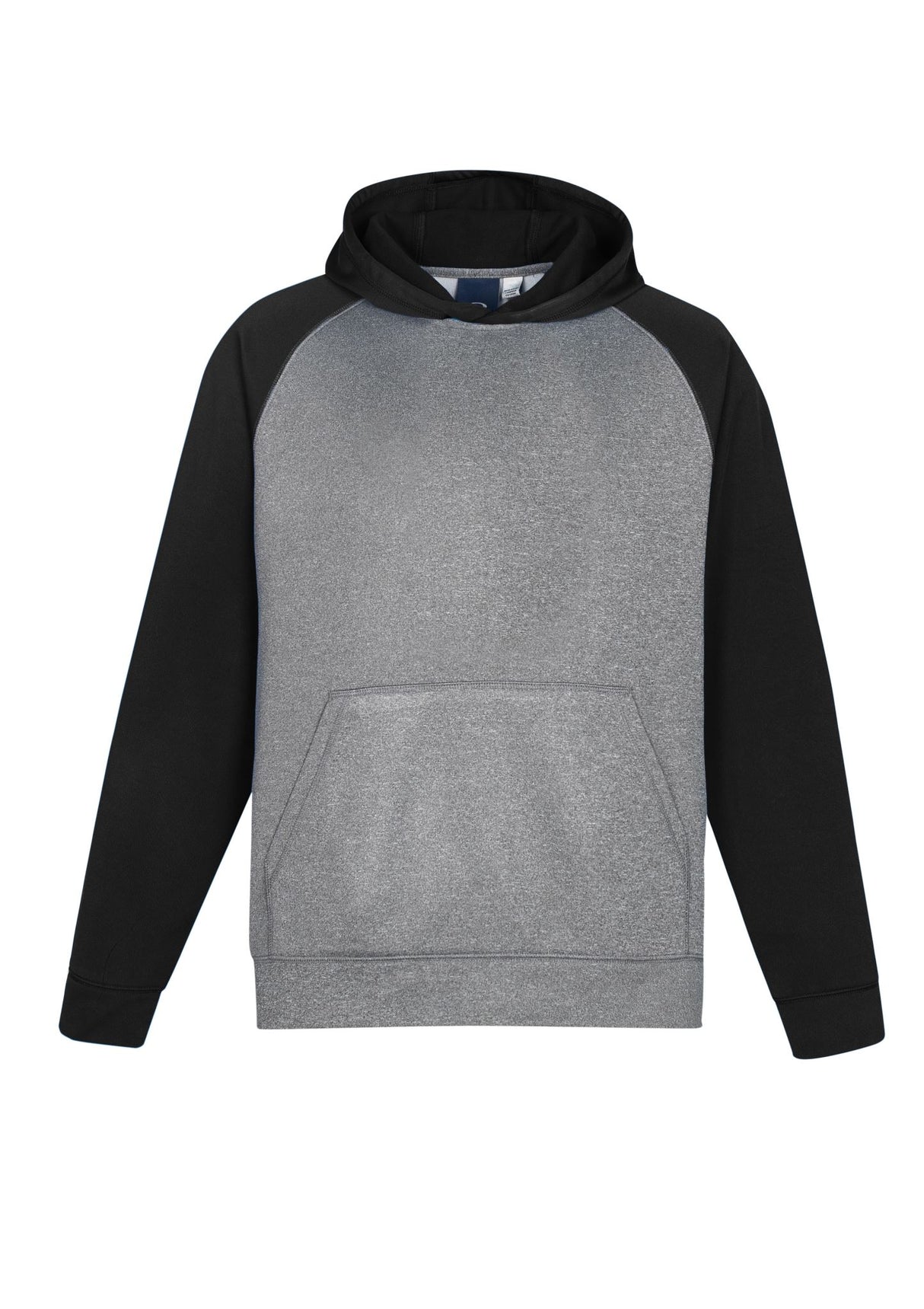Kids Hype Two Tone Hoodie in Grey Marle/Black, featuring raglan sleeves and a kangaroo pocket, perfect for active youth.
