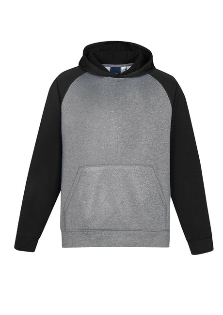 Kids Hype Two Tone Hoodie in Grey Marle/Black, featuring raglan sleeves and a kangaroo pocket, perfect for active youth.