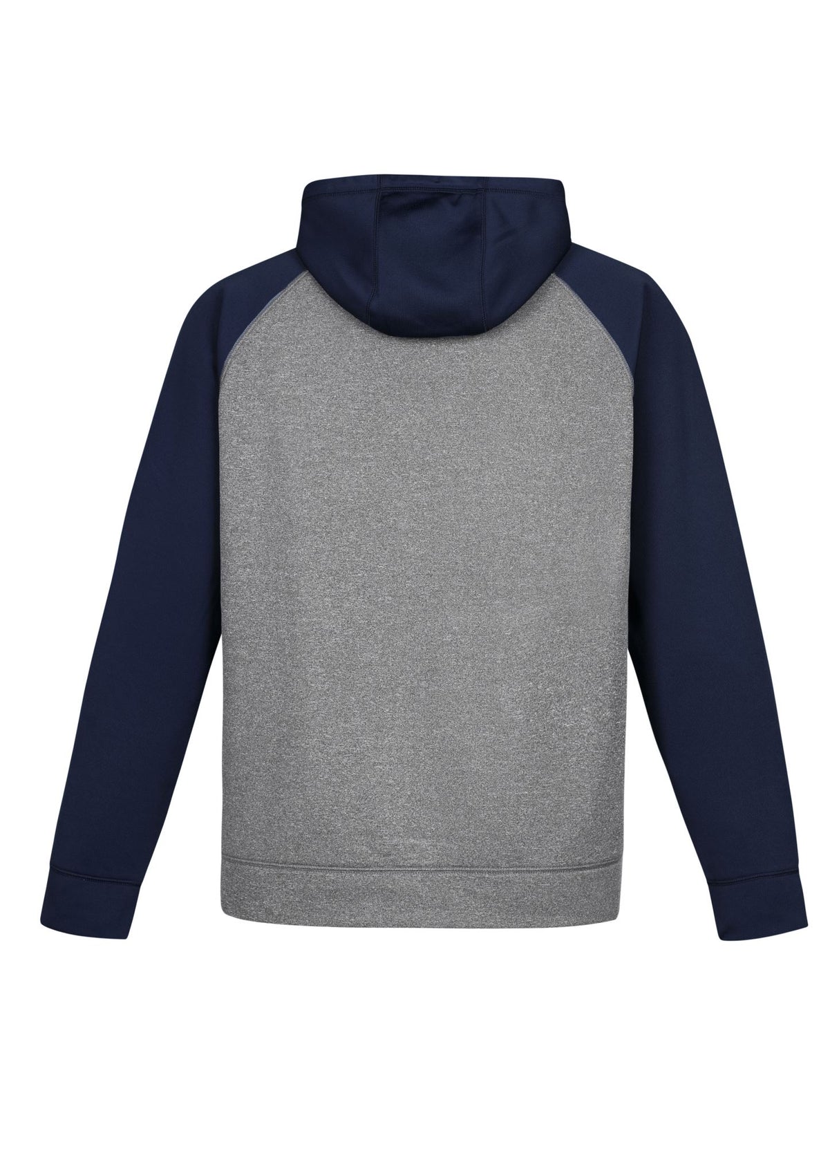Kids Hype Two Tone Hoodie in Grey Marle/Navy, featuring raglan sleeves, kangaroo pocket, and safe design for active play.