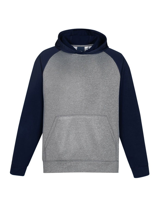 Kids two-tone grey marle and navy hoodie with raglan sleeves, kangaroo pocket, and no drawstring for safety, made from durable fleece.