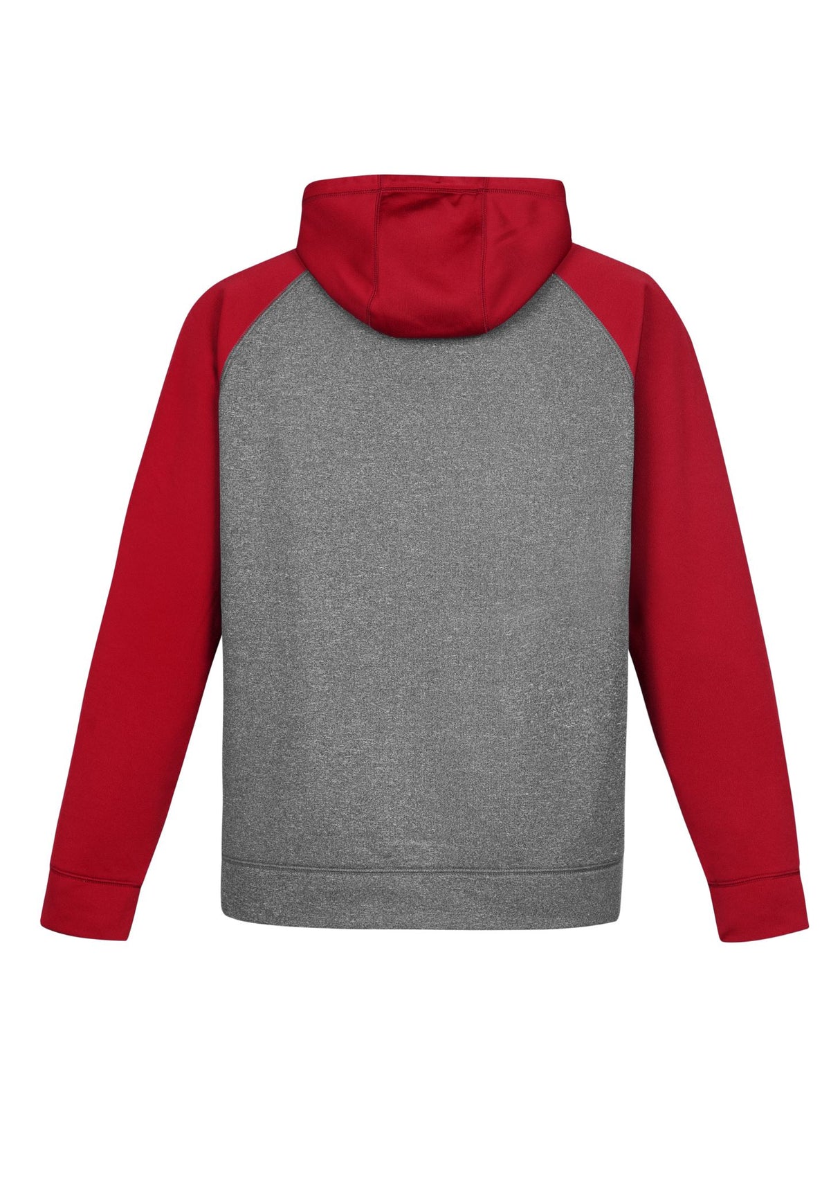 Kids Hype Two Tone Hoodie in grey marle and red, featuring raglan sleeves, kangaroo pocket, and no drawstring for safety.