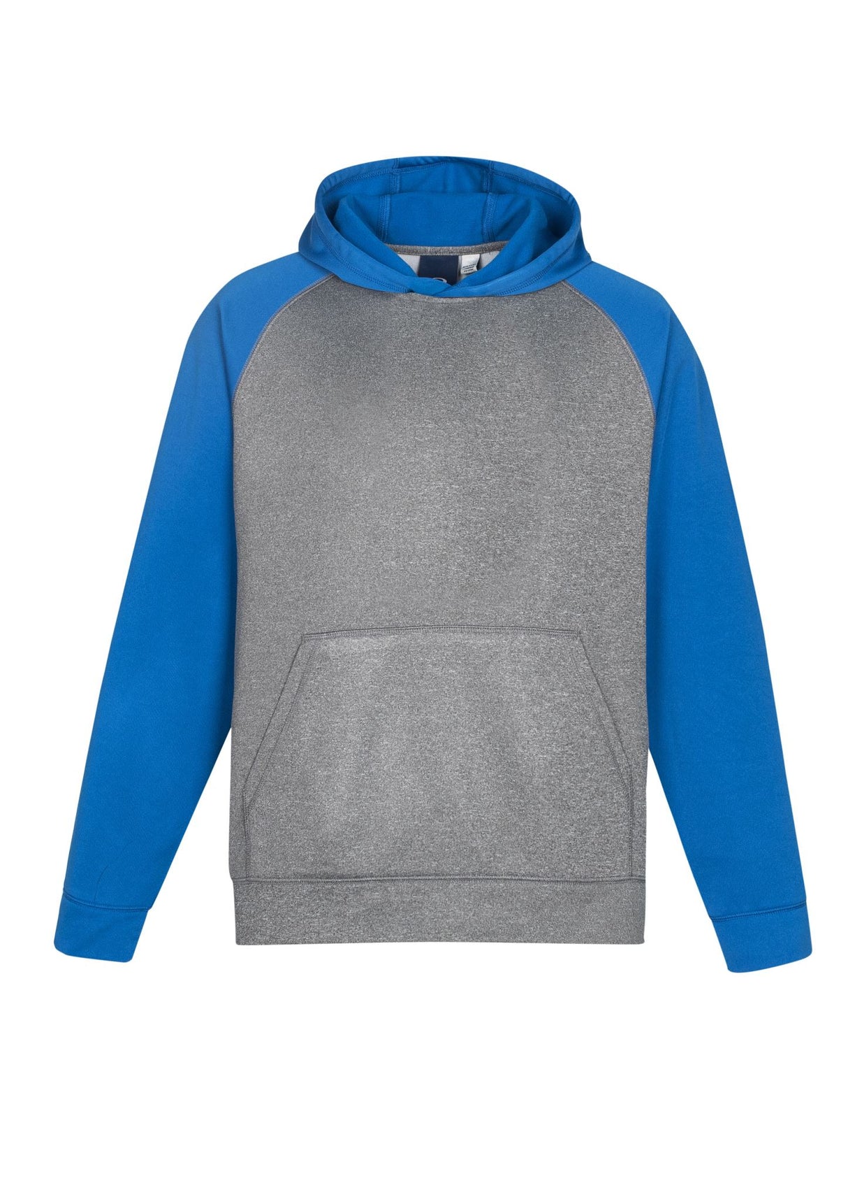 Kids Hype Two Tone Hoodie in Grey Marle/Royal, featuring raglan sleeves, kangaroo pocket, and soft, fade-resistant fleece.