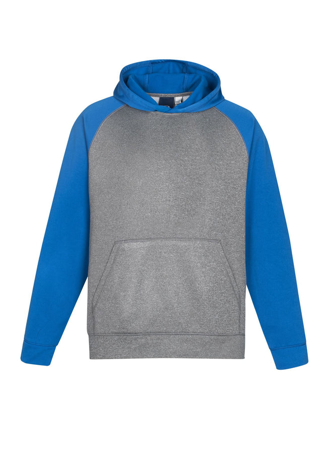 Kids Hype Two Tone Hoodie in Grey Marle/Royal, featuring raglan sleeves, kangaroo pocket, and soft, fade-resistant fleece.