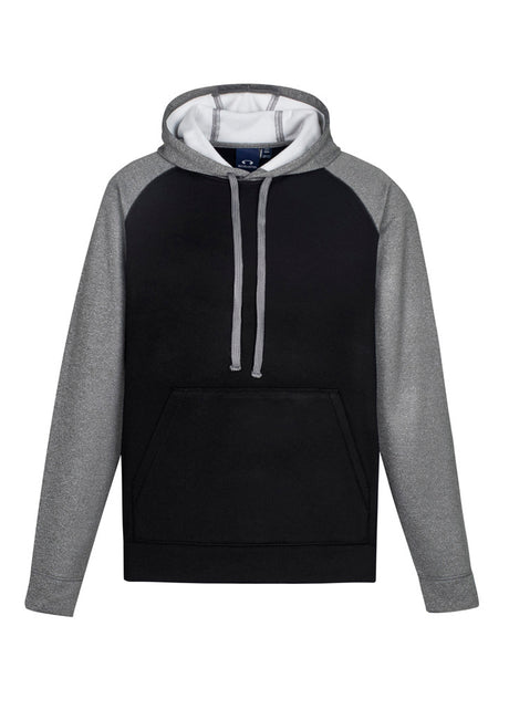 Men's Black/Grey Marle Two Tone Hoodie featuring raglan sleeves, kangaroo pocket, and sporty drawstring, ideal for active wear.
