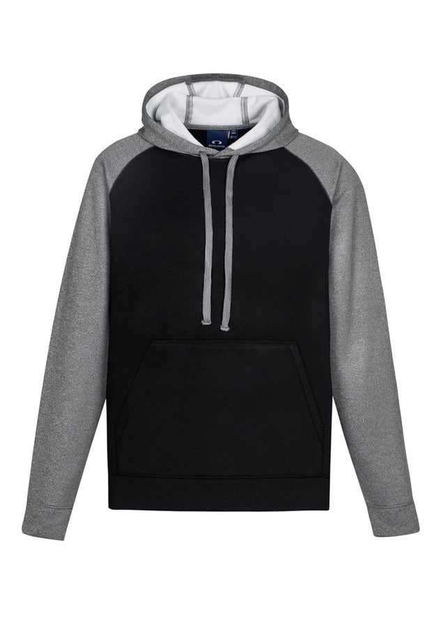 Men's black and grey marle two-tone hoodie with modern raglan sleeves and a kangaroo pocket, ideal for casual wear.