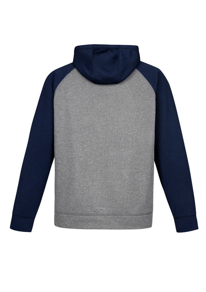 Two-tone grey marle and navy hoodie for men with raglan sleeves and kangaroo pocket, ideal for casual wear and active lifestyle.