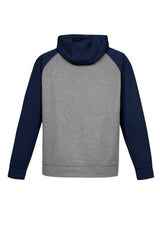 Two-tone grey marle and navy hoodie for men with raglan sleeves and kangaroo pocket, ideal for casual wear and active lifestyle.