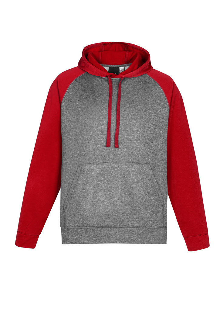 Men's grey marle and red two-tone hoodie with raglan sleeves, kangaroo pocket, and flat drawstring for activewear.