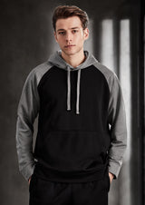 Men's grey marle and royal two-tone hoodie featuring a kangaroo pocket and sporty drawstring, ideal for comfort and style.