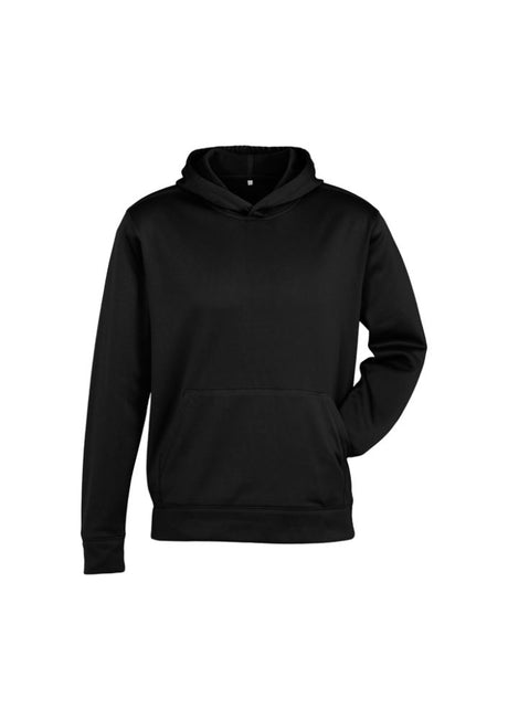 Kids Hype Pull-On Hoodie in black, size 8, features cozy fleece, kangaroo pocket, and safe design without drawstring.