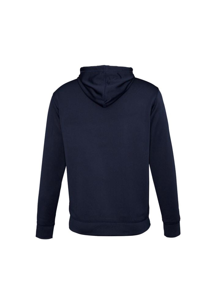 Men's navy pull-on hoodie with kangaroo pocket, loose fit, and 100% polyester fleece for comfort and durability.