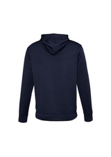 Men's navy pull-on hoodie with kangaroo pocket, loose fit, and 100% polyester fleece for comfort and durability.