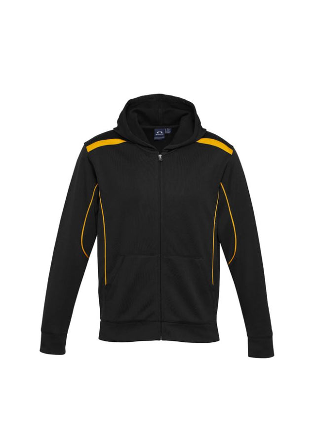 Black and gold Kids United Hoodie with front zipper, kangaroo pocket, and loose fit, designed for comfort and style.