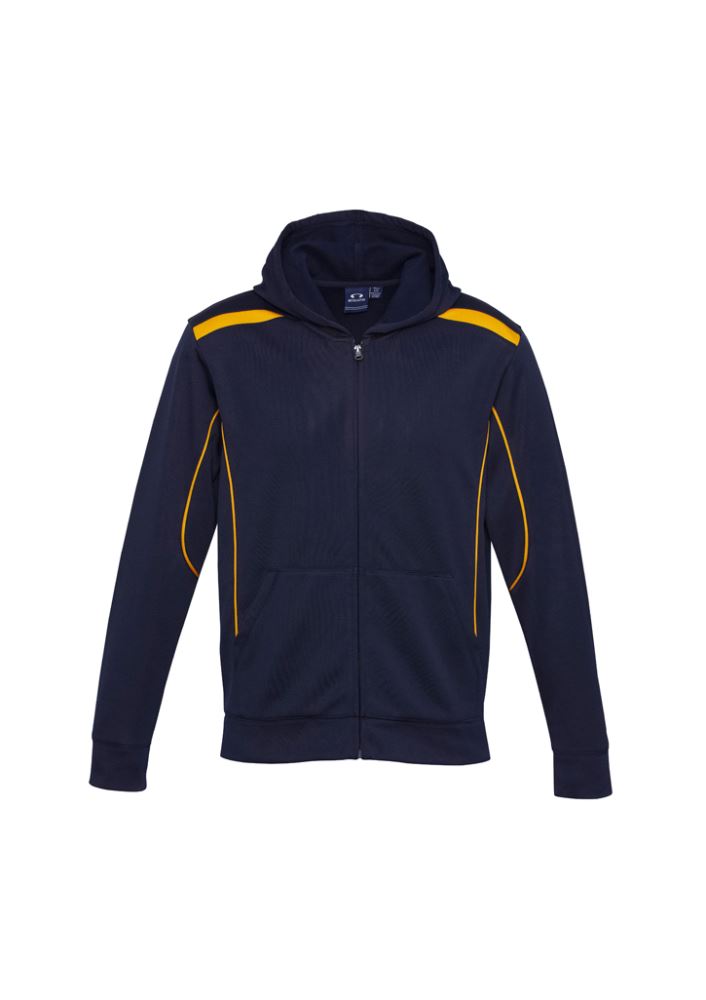 Kids United Hoodie in navy and gold, featuring a front zipper, kangaroo pocket, and no drawstrings for safety. Size 14.