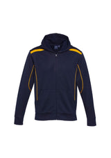 Kids United Hoodie in navy and gold, featuring a front zipper, kangaroo pocket, and no drawstrings for safety. Size 14.