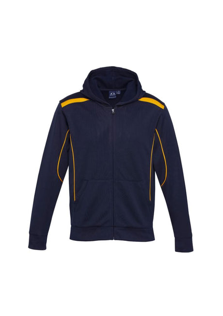 Kids United Hoodie in navy and gold, featuring a front zipper, kangaroo pocket, and no drawstrings for safety. Size 14.